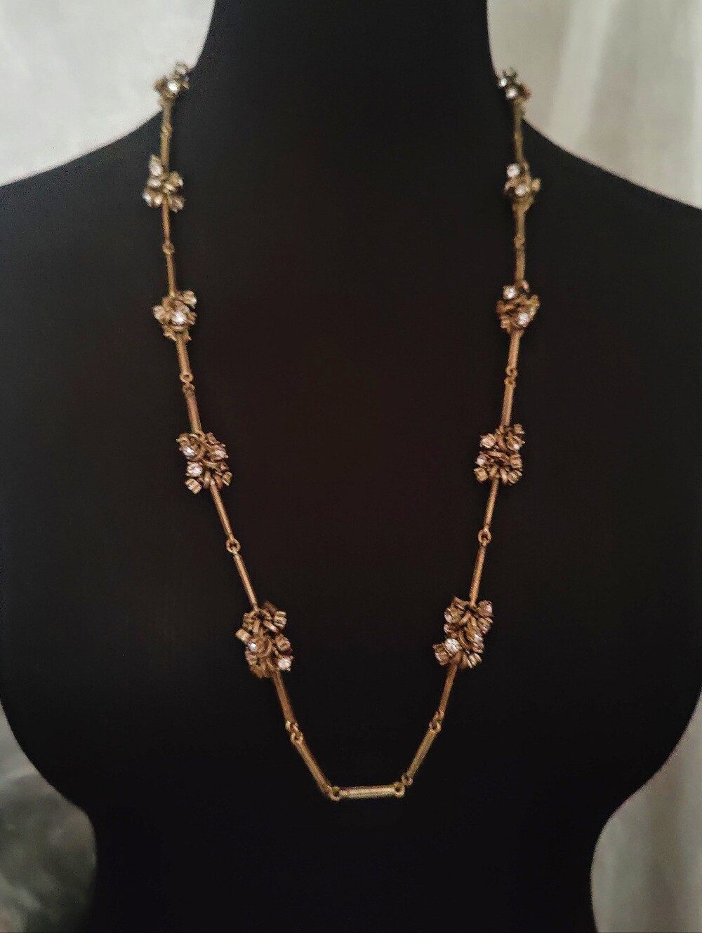 Vintage LOFT Long Rhinestone Station Necklace 30" Antique Gold Tone Floral